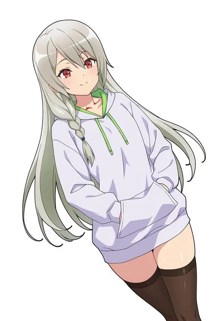 Smooth Quality,masterpiece,very intricate, high quality details, ultra realistic, high detailed skin,detailed enviorement,absurdres,
slit throat,
<lora:Ange_Maidena_CNR:0.8> ange_cnr, 1girl, grey hair, red eyes, long hair,, simple background, white background, dutch angle,
walking pose, one hand in pocket, head slightly turned, casual stride,,, ^o^,, cheongsam top, ,zip-up hoodie, ,stockings, ,