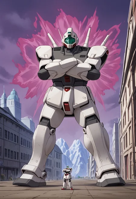 score_9, score_8_up, score_7_up, source_anime, cowboy shot, front view, BREAK, ( gm_cold_districts_type, teal gm, standing, 2 mechs, 2 gm, teal mech, mech focus, giant gm, arms crossed, aura,) BREAK, buildings