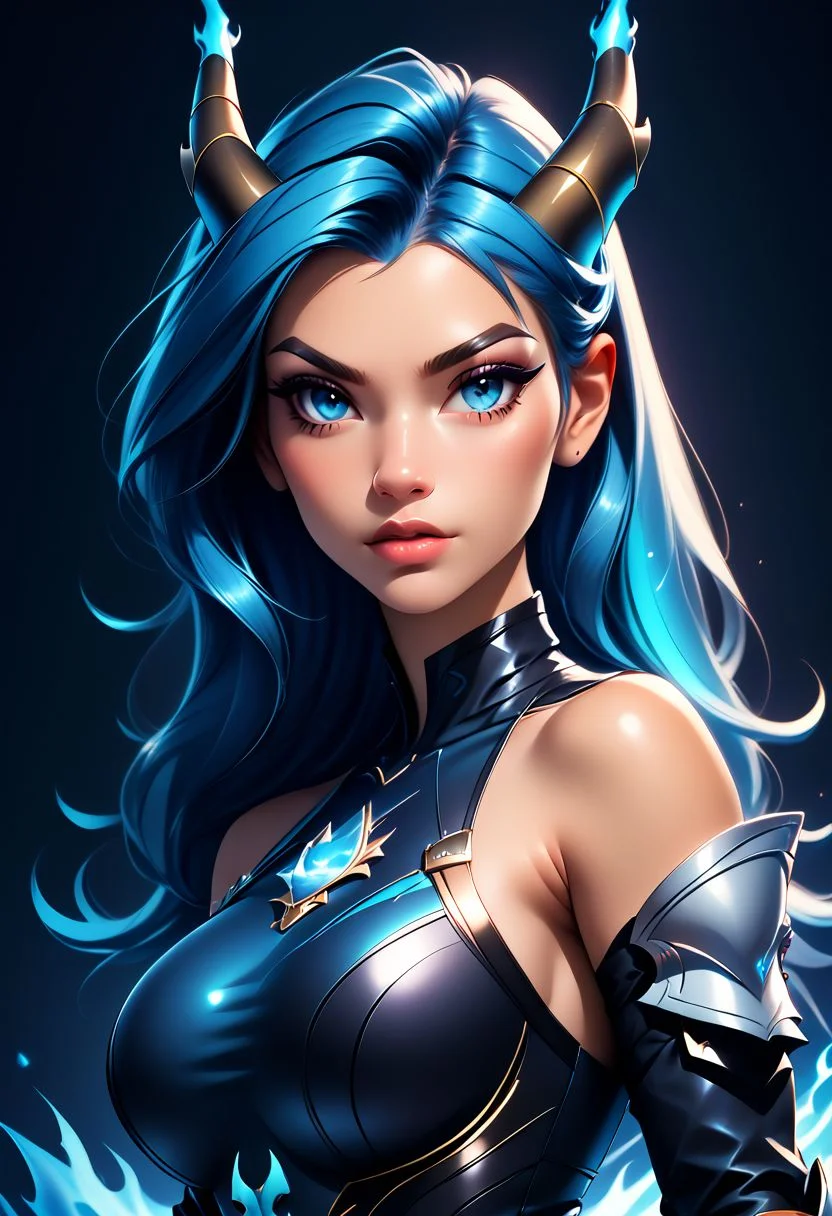 score_9, score_8_up, score_7_up, score_6_up, score_5_up, score_4_up score_9,score_8_up, digital art, upper body shot, realistic 3D illustration,
BREAK,
Charizard, horns, blue hair, long hair, blue eyes, black armor, breastplate, gauntlets, bare shoulders, blue fire,
BREAK,
soft lighting, contemplative expression, dark background, subtle makeup, high-resolution, detailed texture, emotional depth, dramatic mood, side profile, serene atmosphere, cinematic lighting. perfectly round breasts, big breasts, firm breasts, SkinHairDetail, eye contact, looking at viewer,