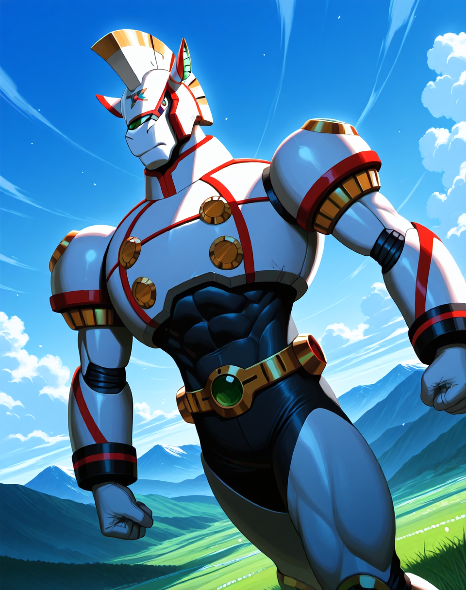 <lora:Spiral_Pegasus_(Mega_Man_X)_(Illustrious)_(AD):1.35> Spiral Pegasus, reploid, MMX, 
((
exterior, blue sky with clouds, mountain valley, grassy valley,
dutch angle, dynamic action, cowboy shot, 
male focus, intense shadows, dynamic shadows, intricate details, attention to details, gradient coloring, robot, bright vivid colors, deep metallic colors, glossy metal body, hyper muscular, abs, 
)), 
BREAK very awa, masterpiece, best quality, amazing quality, very aesthetic, highres, absurdres,
EZRealPONYXL, zPDXL, Smooth Quality, lazynsfw,