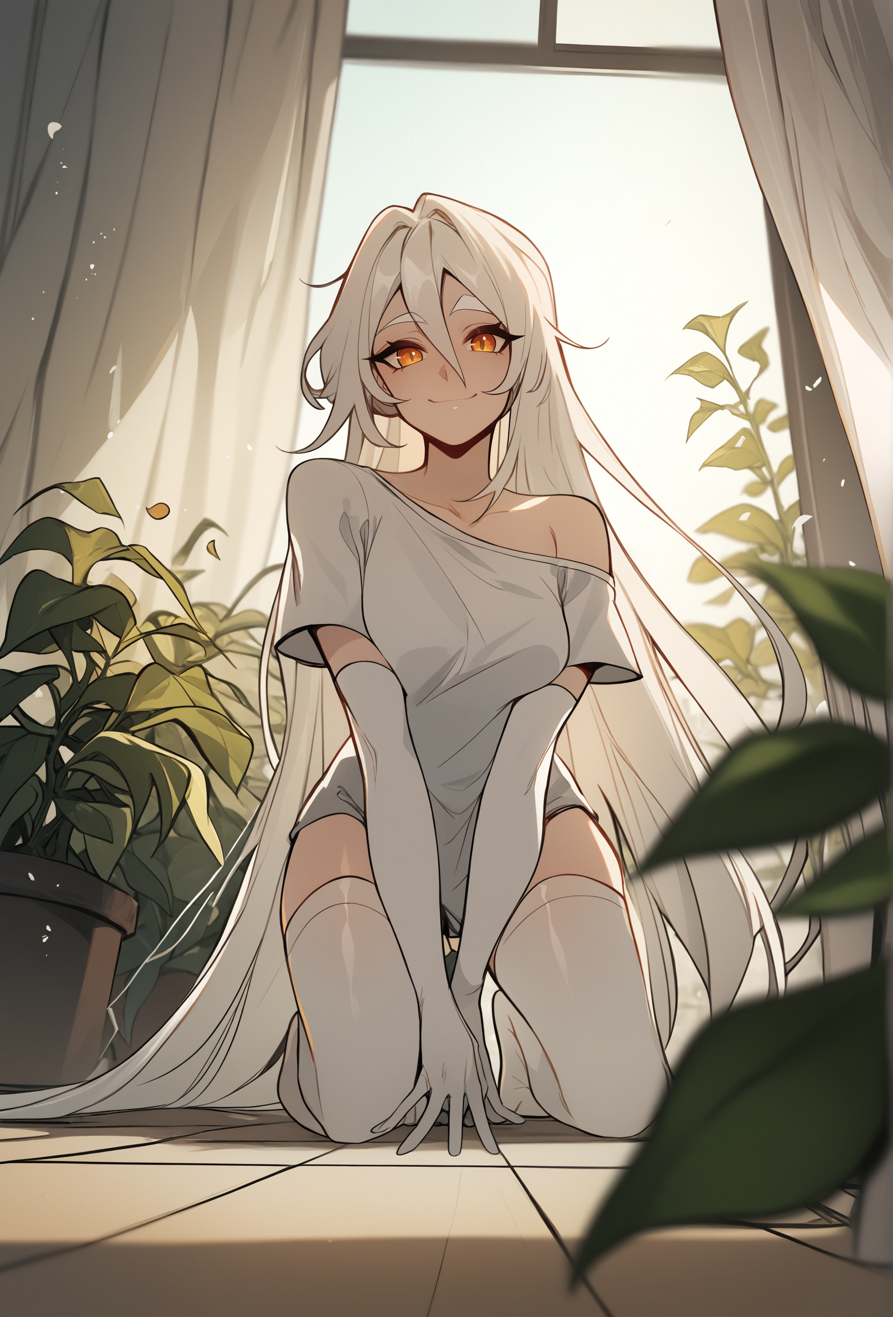 score_9, score_8_up, score_7_up:1, depth of field, bokeh, indoors, white theme, plant, hanging plant, white curtain, wind,
<lora:glacierclear_style_ponyXL_v2.3:1> gclearstyle, 1girl, (very long hair:1.2), amber eyes, white hair, hair between eyes, sidelocks, white eyebrows, white thighhighs, white shirt, off-shoulder shirt, medium breasts, white elbow gloves, smile, looking at viewer, (pale skin:1.1) on floor, kneeling, low angle, foreshortening,