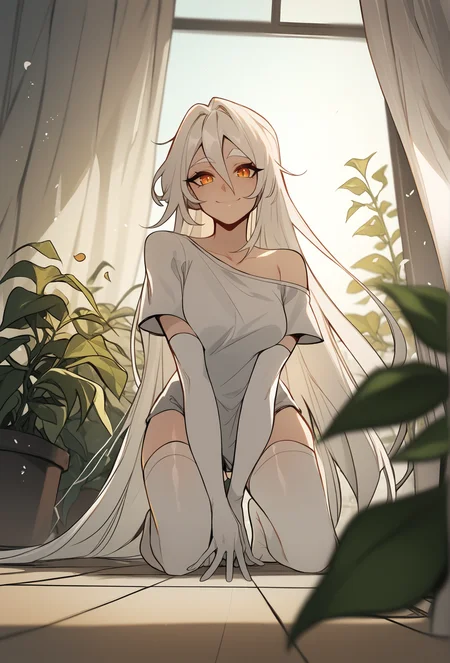 score_9, score_8_up, score_7_up:1, depth of field, bokeh, indoors, white theme, plant, hanging plant, white curtain, wind,
<lora:glacierclear_style_ponyXL_v2.3:1> gclearstyle, 1girl, (very long hair:1.2), amber eyes, white hair, hair between eyes, sidelocks, white eyebrows, white thighhighs, white shirt, off-shoulder shirt, medium breasts, white elbow gloves, smile, looking at viewer, (pale skin:1.1) on floor, kneeling, low angle, foreshortening,