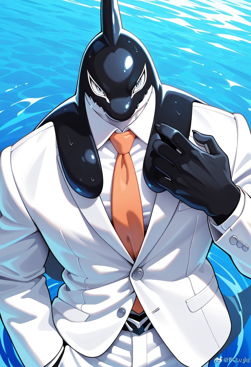 best quality, newest, absurdres, highres,Anthro,orca,Gang Orca,muscular male,black body,white sclera,white suit