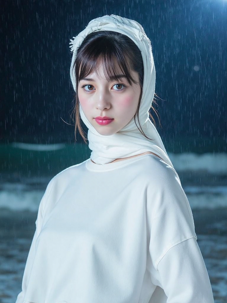 There are wonderful studio lights and various reflections,
18yo beautiful cute girl with blushing and female orgasm.skin naturally showing the texture of blood vessels and detailed pale skin,
--,
<lora:Nakajo_Ayami_f1:1>,she is Nakajo Ayami, This is a surrealist art photo. She is wearing a snow-white sexy wedding dress and a long headscarf. The strong wind blows up her dress. The background is huge waves. Lightning illuminates the night sky,and heavy rain wets her beautiful face.,,