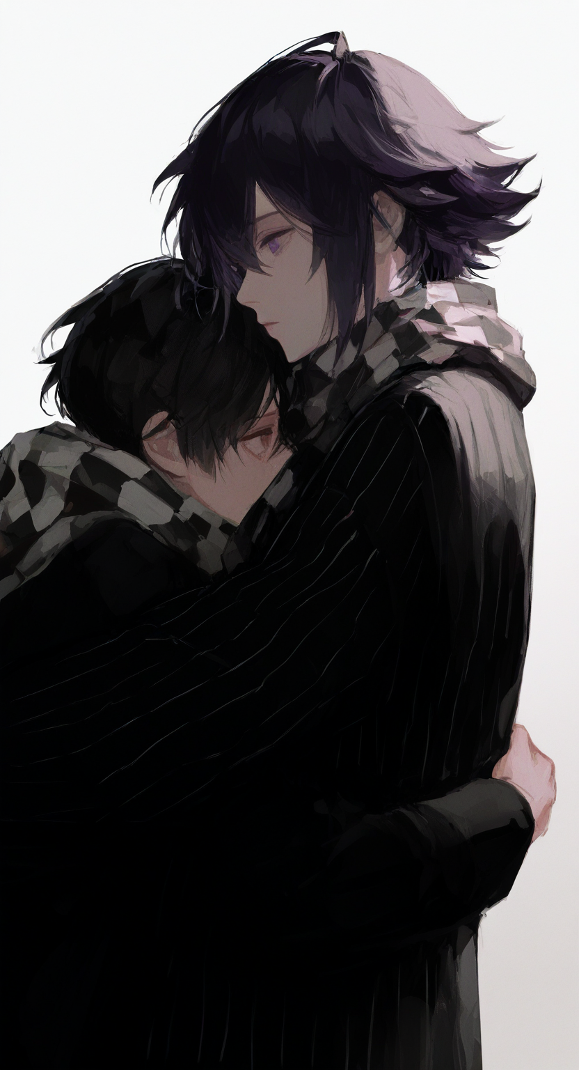 masterpiece, best quality, good quality, very aesthetic, absurdres, newest, 2boys, ahoge, black hair, black jacket, brown eyes, checkered clothes, checkered scarf, expressionless, flipped hair, from side, grey background, hair between eyes, hug, jacket, long sleeves, male focus, muted color, open mouth, pinstripe jacket, pinstripe pattern, profile, purple eyes, purple hair, sad, scarf, shadow, short hair, sidelighting, simple background, striped clothes, striped jacket, two-tone scarf, upper body, vertical-striped sleeves, white background, <lora:ponyv5_noobV065S_1_adamW-000013:0.7> <lora:ATNR_STYLE_XL_P-000016:0.7> <lora:96YOTTEA-WAI:0.7>