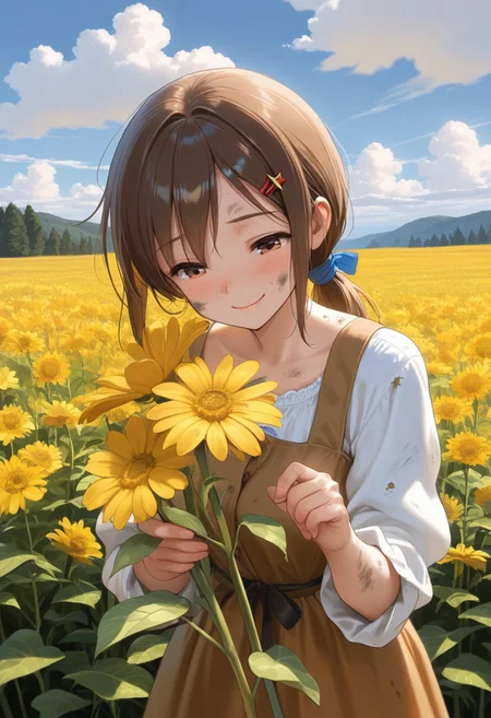 masterpiece, best quality, amazing quality, soviet, spring, girl works in her garden, she is smiling, outdoors, dirty, day, blue sky, cloudy sky,
