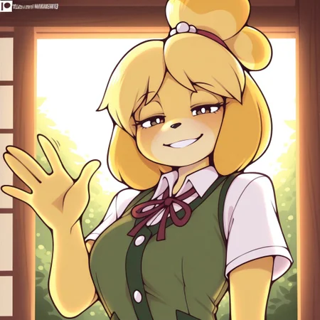 masterpiece, best quality, amazing quality,(detailed background:1),bymarikstyle,1girl,solo,furry,furry female,Isabelle,white shirt,green vest, upper body,waving at viewer,looking at viewer,half-closed eyes