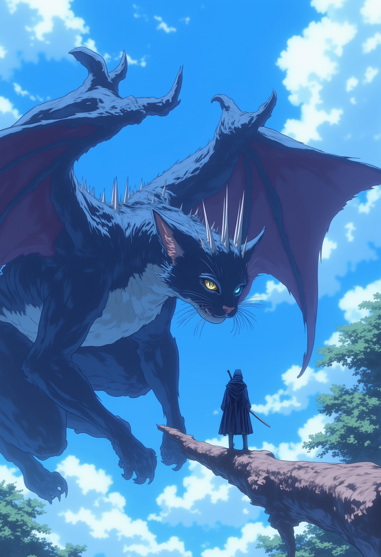 <lora:NeonFantasyPrimeFLUX-000049:1> ne0nfant4sy,
A colossal, dragon-like creature resembling a cat with one golden eye and one blue eye dominates the scene. It has large, bat-like wings and sharp spikes protruding from its body. Below it, a small, cloaked figure stands on a branch, facing the enormous creature with a sword in hand. The sky is bright blue with scattered clouds.