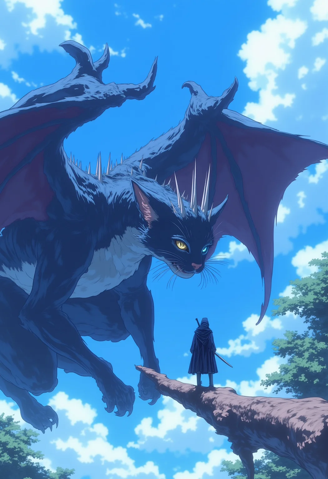 <lora:NeonFantasyPrimeFLUX-000049:1> ne0nfant4sy,
A colossal, dragon-like creature resembling a cat with one golden eye and one blue eye dominates the scene. It has large, bat-like wings and sharp spikes protruding from its body. Below it, a small, cloaked figure stands on a branch, facing the enormous creature with a sword in hand. The sky is bright blue with scattered clouds.