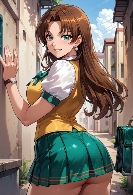 score_9, score_8_up, score_7_up, source_anime,mogudan,masterpiece,best quality, good figure and proportion, good anatomy,amazing quality,very aesthetic,1girl,alone,smile,open moutch,teeth,shiny_clothes,shiny_skin,perfect hands,alone five fingers,large breast,KisarahWestfield,long hair, brown hair, green eyes,parted bangs,jewelry,pearl shaped earrings, school bag,school uniform, short puffed sleeves, white shirt, yellow vest, green bow on the chest, green skirt, pleated skirt, wristwatch,from behind,looking back,ass,angle down,hands on behind,sunset alley background