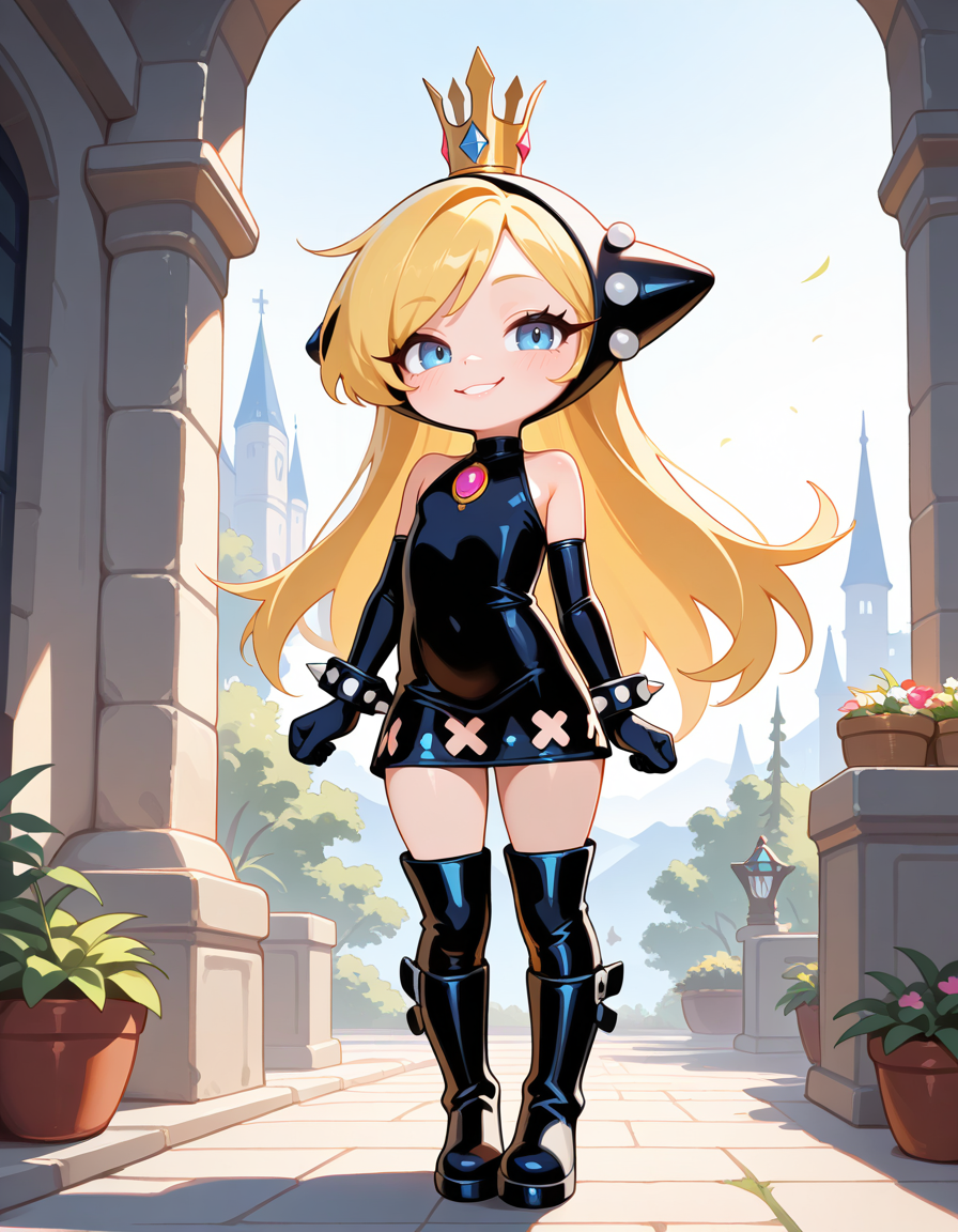 masterpiece, best quality, very aesthetic, absurdres,
outdoors,
full body, seductive smile, parted lips, long eyelashes,
 <lora:WaPeach_v01_NAIXL:1>
W4P34ch,1girl,solo,long hair,blonde hair,crown,blue eyes,bare shoulders,black dress,black elbow gloves,spiked bracelet,knee boots,W4P34ch,1girl,solo,long hair,blonde hair,crown,blue eyes,bare shoulders,dress,elbow gloves,spiked bracelet,thigh boots,