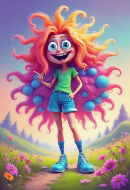 a funny hairy shaggy long-legged creature with huge eyes, a long bubbly nose, short legs and very long colorful nails (pstlCE_style, Jedtoon,cartoon)