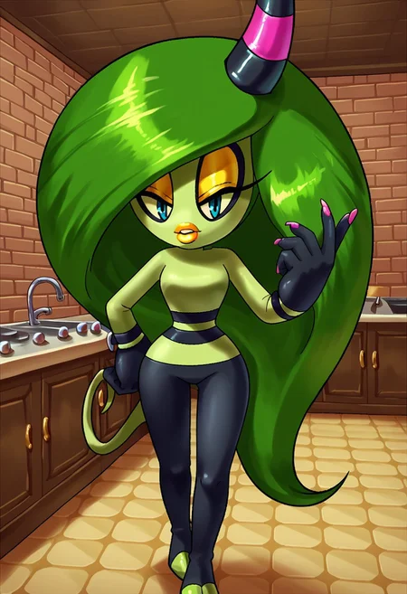 score_9, score_8_up, score_7_up, solo, 1girl, Zeena, horn, long hair, green skin, green hair, blue eyes, yellow lips, makeup, tail, standing, BREAK, dynamic angle, detailed background, indoors, modern kitchen, <lora:Zeena_-_Sonic_Lost_World_Character_PonyDiffusionXL:1>,