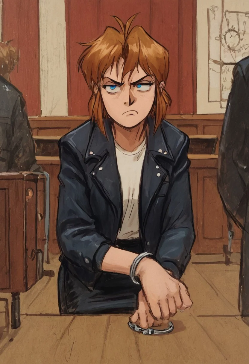 score_9, score_8_up,score_7_up,score_6_up,score_5_up,
BREAK
gnsmth, court, courtroom_sketch, 1girl, leather jacket, pencil skirt, handcuffs, annoyed expression