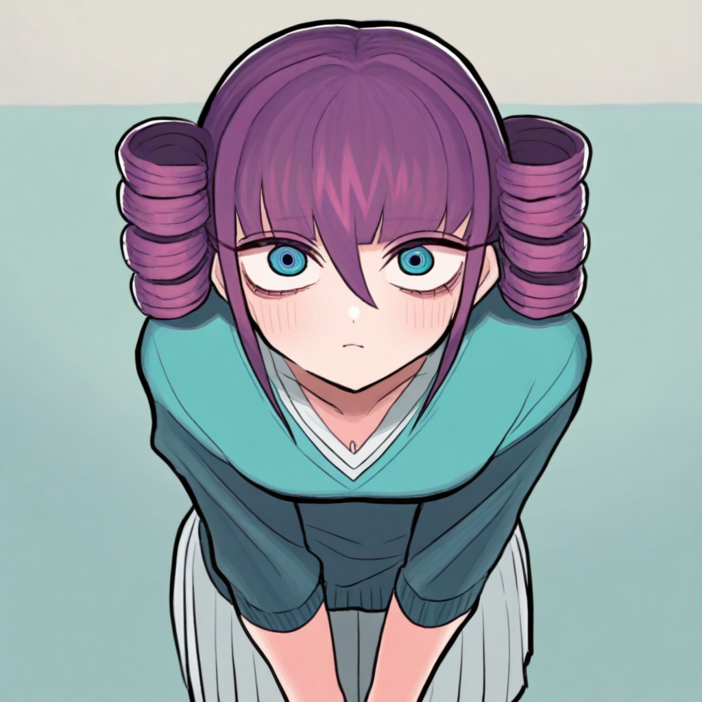 <lora:GashiStyle-ILL:1> gashigashi
BREAK
 1boy, solo, long hair , purple hair, cyan eyes, aqua outfit, Shag hairstyle, V-Neck Jumper and Pleated Skirt,  Hands on a surface, leaning forward, Contentment
 <lora:Best_Facial_Expression_Helper_XTREME_ILLU:1> kaogei