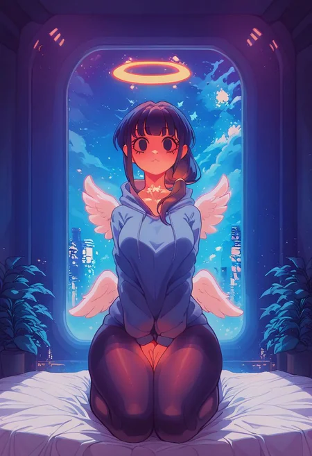 score_9,score_8_up,score_7_up,score_6_up, 1girl,
sitting in bed next to a large window, hands between thighs, wearing croptop hoodie, black croptop hoodie, long hair, black hair, blue strip in hair low ponytail hairstyle, angel, angelic girl, white wings, halo, glowing halo, black eyes, <lora:DetailedEyes_V3:1> <lora:add_detail:1>, pov from the side, sitting on the bed, hoodie, plants on the windowsill, looking out the window, looking away from viewer, background through window is vast space, galaxy background, wearing tights, leggings, black tights, thighs, night time, cyberpunk city view out of the window, neon light, purple neon lights, raining outside, heaving rain outside, girl is dry, no rain inside