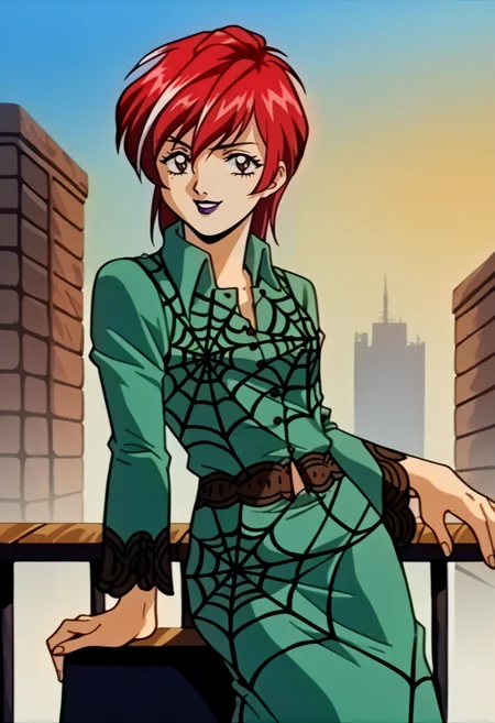 score_9, score_8_up, score_7_up, source_anime, BREAK, solo, 1girl, smile, looking at viewer, <lora:Ulala-pdxl_Fp:1>, ulalap2, red hair, brown eyes, streaked hair, white hair, single hair bun, short hair, lipstick, collared dress, green skirt, long sleeves, spider web print, green dress, <lora:FeOva-pdxl_Fp:1>, 1990s \(style\), retro artstyle,