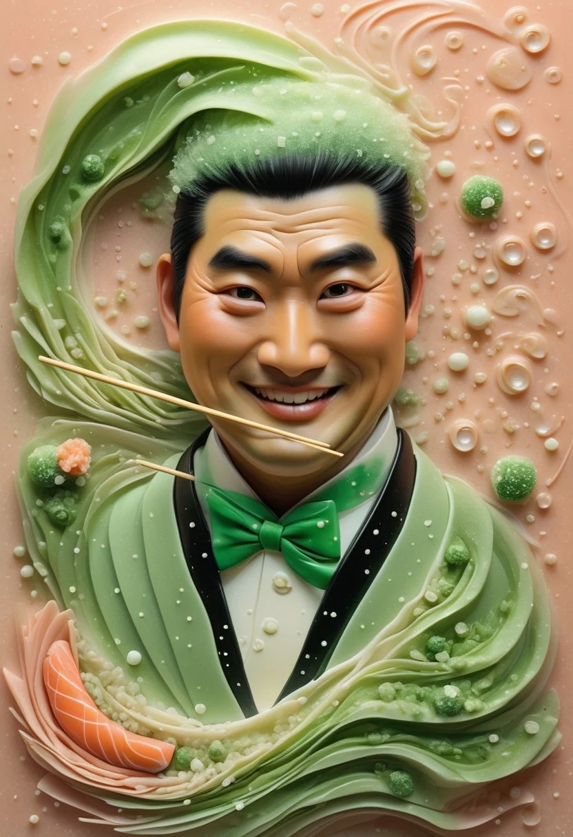 Portrait of a Playful Sushi Magician, Abstract Satin Textures in Salmon Pink, Seaweed Green, and Rice White, Eyes Filled with Mischief, Waving a Chopstick Wand, Surrounded by Floating Soy Sauce Droplets and Tiny Sparkles of Wasabi Magic, Glossy Finish, Conjuring an Enchanting Sushi Spectacle