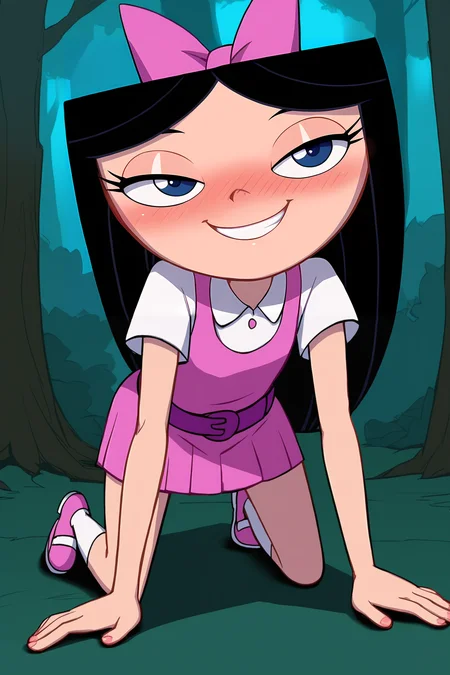 score_9, score_8_up, score_7_up, score_6_up, BREAK, IsabellaPFPXL, blue eyes, black hair, long hair, hair bow, pink bow, flat chest, white shirt, pink dress, purple belt, pink skirt, white socks, pink shoes, solo, full body, front view, all fours, seductive smile, looking at viewer, naughty face, nose blush, forest, tree <lora:IsabellaPFPXL:1>