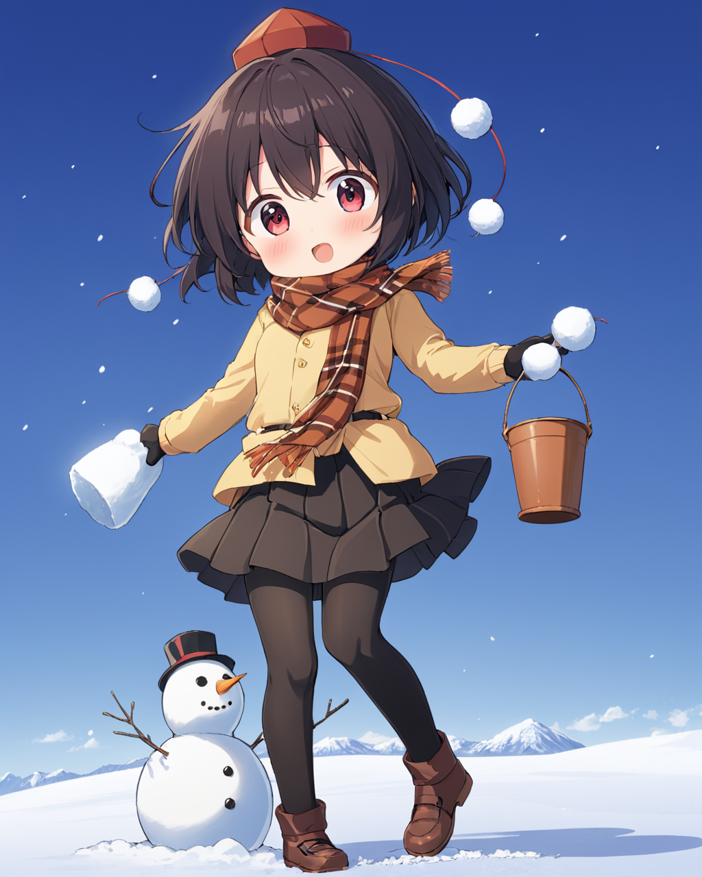 shameimaru aya,1girl, solo, looking_at_viewer, tokin_hat, skirt, snow, bucket, wariza, mittens, mary_janes, black_pantyhose, shirt, breath, blush, bobby_socks, plaid_scarf, snowman, open_mouth
<lora:shameimaru_aya_image5713_2023-12-20-000004:1>,star-shaped_pupils,symbol-shaped_pupils,. gorgeous,key visual, vibrant, studio anime,award-winning, professional, highly detailed,high budget, cinemascope