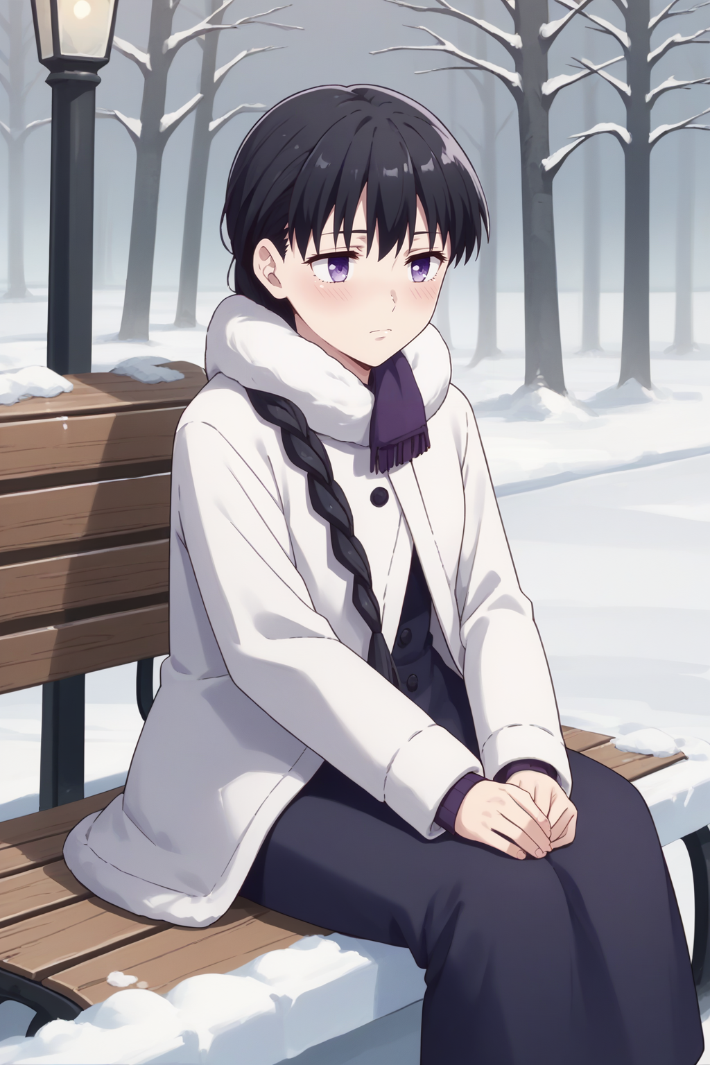 score_9, score_8_up, 1girl, solo, <lora:NSSakiBasket:1> NSSakiBase, black hair, braid, hair over shoulder, purple eyes, white winter coat, ushanka, winter, snow, blush, sitting, bench
