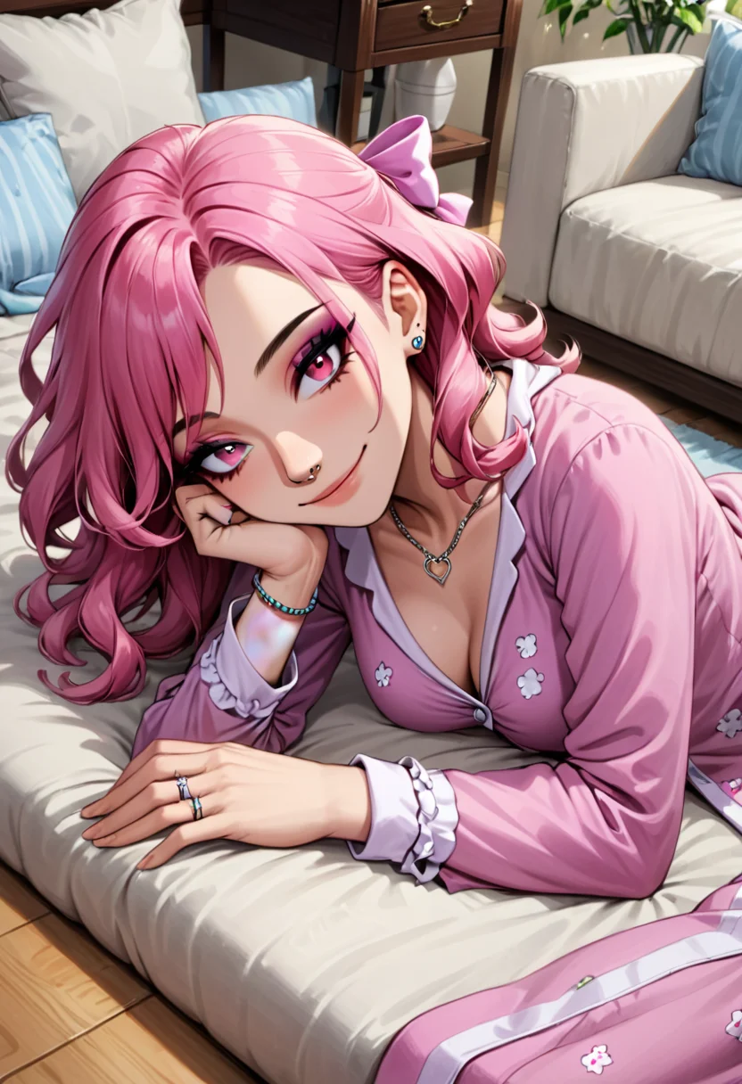 1girl, solo, slender body, attractive figure , medium breasts, , multicolored eyes , pink sleek bob hair with hair bow, wedding ring ,stud earrings ,flower necklace ,nose piercing ,bracelet , eyeliner , light smile,seductive smile, lying, on side, head on hand, head rest, arm support , knees to chest , on floor, blanket, pillows, living room, pajamas