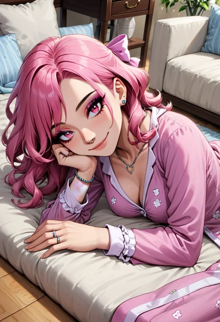 1girl, solo, slender  body, attractive figure , medium  breasts, , multicolored eyes , pink  sleek bob hair with hair bow, wedding ring ,stud earrings ,flower necklace ,nose piercing ,bracelet , eyeliner , light smile,seductive smile, lying, on side, head on hand, head rest, arm support , knees to chest , on floor, blanket, pillows, living room, pajamas