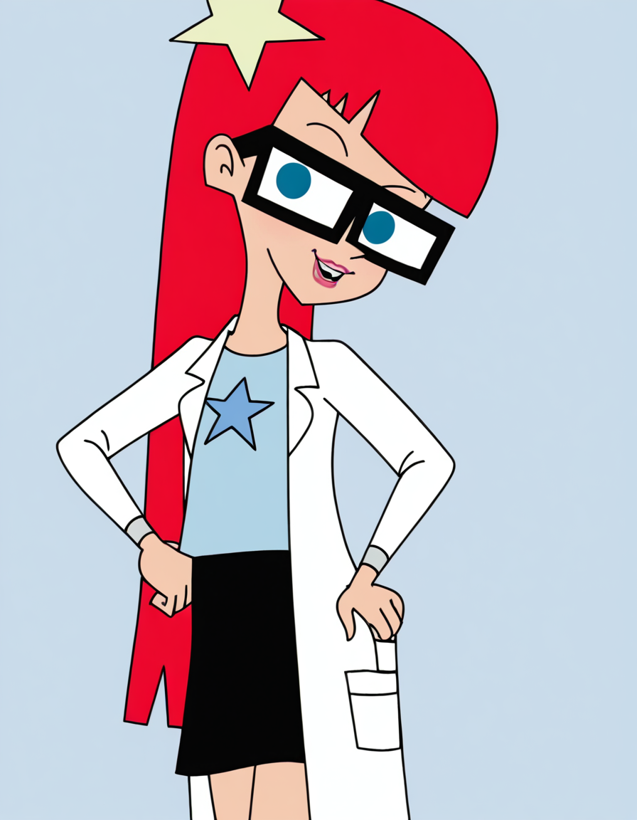 susantest, 1girl, red hair, glasses, solo, long hair, blue eyes, star hairclip, labcoat, blue t-shirt, lips, skirt , looking at viewer, hand on own hip, cowboy shot, smile, , masterpiece, best quality, amazing quality, very aesthetic, absurdres,<lora:SusanTestIllustrious1.0JLFO-000017:1>