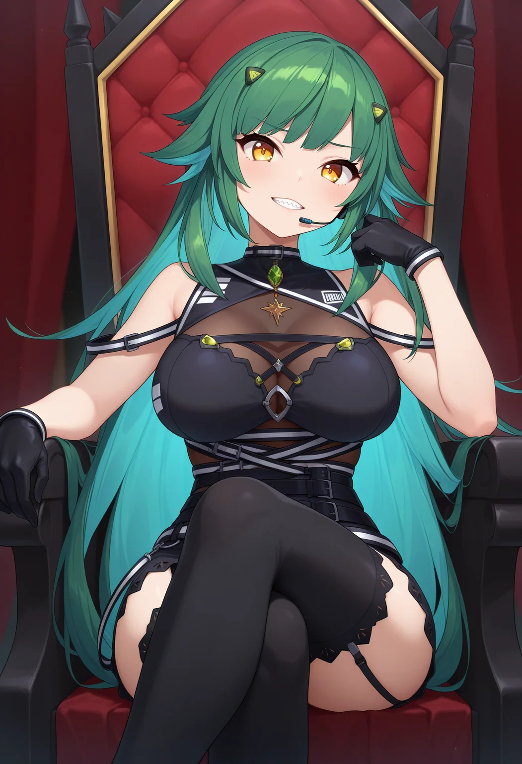 best quality, masterpiece, 1girl, bbhisui, long hair, green hair, hair ornament, headset, yellow eyes, sharp teeth, see-through, short dress, black dress, sleeveless, black gloves, belt, garter straps, black thighhighs, <lora:kitakoji_hisui_ilxl_v1:0.9>, sitting, crossed legs, throne,