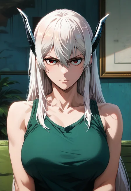 score_9_up, score_8_up, score_7_up, extreamly detailed, beautiful detailed face, complex detailed background, completely clothes, BREAK,
KYOUKA UZEN (MATO SEIHEI NO SLAVE), 1girl, solo, long hair, breasts, looking at viewer, bangs, large breasts, shirt, red eyes, hair between eyes, bare shoulders, closed mouth, collarbone, upper body, white hair, indoors, v-shaped eyebrows, headgear, frown, parody, tank top, meme, green shirt