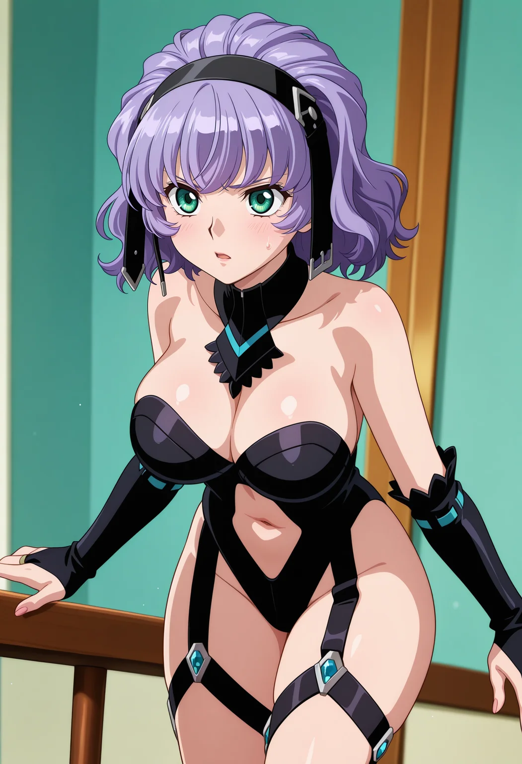 best quality, masterpiece, 1girl, aaaqua, medium hair, purple hair, black hairband, green eyes, black collar, strapless, cleavage, black leotard, sleeveless, elbow gloves, bridal gauntlets, navel cutout, garter straps, thigh strap, <lora:aqua_centolm_ilxl_v1:0.9>, anime coloring,