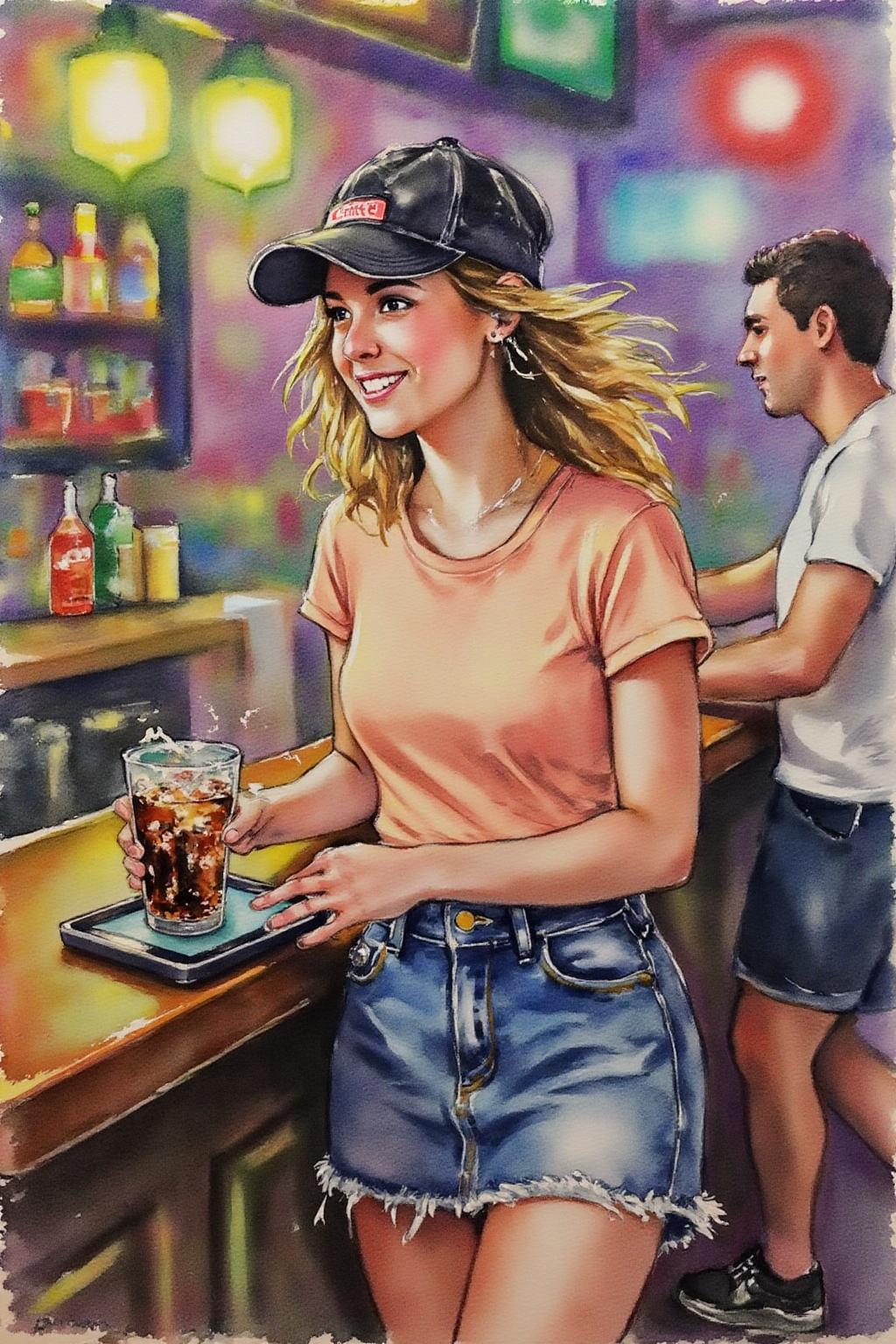 Watercolor.
The air buzzes with the energy of a busy bar, a mix of music, conversation, and the clinking of glasses. A barmaid, the embodiment of youthful vibrancy, navigates the lively scene. She wears a peach-coloured T-shirt, the soft fabric contrasting with the smooth, cold glass of coke she carries on a small tablet. Her short skirt adds a playful touch, and a backwards baseball cap hints at a carefree attitude. The setting and atmosphere are palpable: the warm, slightly sticky surface of the bar counter under her fingertips, the dim, colourful lighting that casts playful shadows. Sensory details are abundant: the condensation forming on the glass of coke, the texture of her denim skirt, and the way the bar lights catch the highlights in her hair. Her confident stride, her quick smile, and her efficient movements. Stylistically, the image draws inspiration from the vibrant, candid shots of nightlife photographers, with a touch of the stylized realism found in contemporary illustration. There's a deliberate contrast between the barmaid's youthful energy and the slightly worn, lived-in atmosphere of the bar, creating a dynamic and engaging image. <lora:watercolor1_nbm_cap_d6a3e12:1.0><lora:838836207300570253:0>