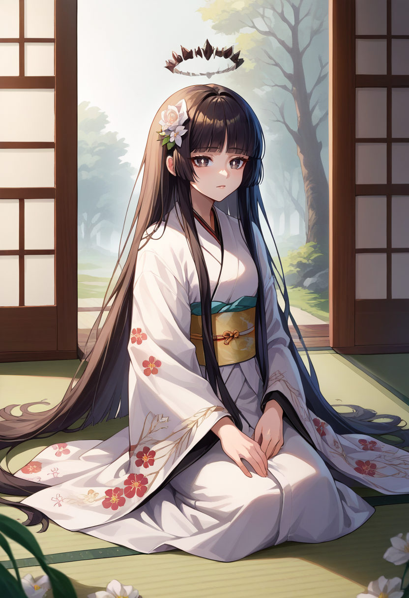 score_9, score_8_up, source_anime, 1girl, solo, VirtuosaBase, white pupils, long hair, hime cut, broken halo, indoors, kimono, hair flower, floral print, wariza, kneeling, <lora:ChamVirtuosaPonyXL-000004:1>