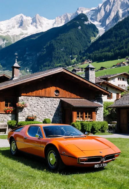 ClassicSportsCar, gleaming orange Maserati Bora, side front view, lawn, Swiss Alps mountain village in background, sunny spring afternoon, 4K, highly detailed, (stylish grainy analog 35mm film photo)
