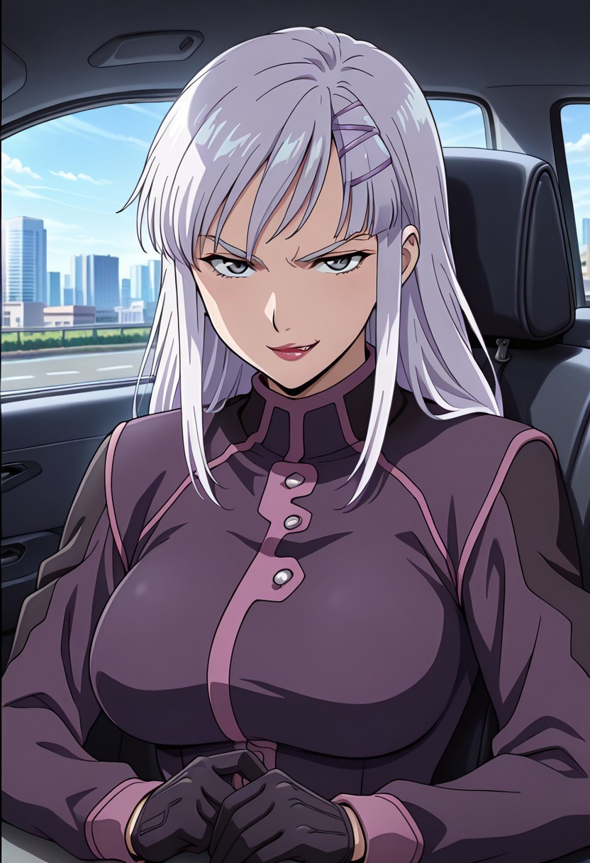 ((masterpiece, absurdres)), best quality, amazing quality, newest, 4k, anime coloring, very aesthetic, ray tracing, Smooth Quality, CG, source_anime, nora polyansky,1 mature female, grey eyes, white long hair, hairclip,purple  military uniform,gloves,city view, street view,evil smirking