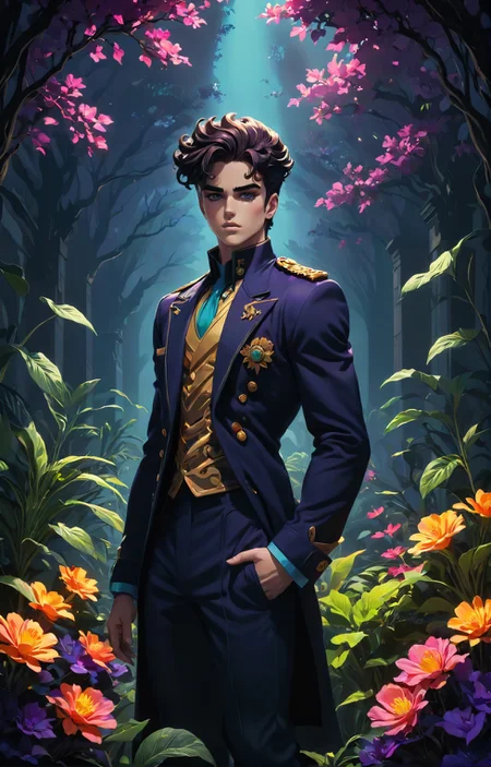 Glo-fi Art Style, (JoJo style), Gardencore aesthetics, bright colors, stunning background. dark and moody, a mesmerizing blend of light and shadow. masterpiece, absurdres, intricate details <lora:LORA_JoJos_Bizarre_Adventure_art_style-000004:0.8>, dynamic, dramatic, vibrant colors, glo-fi art style