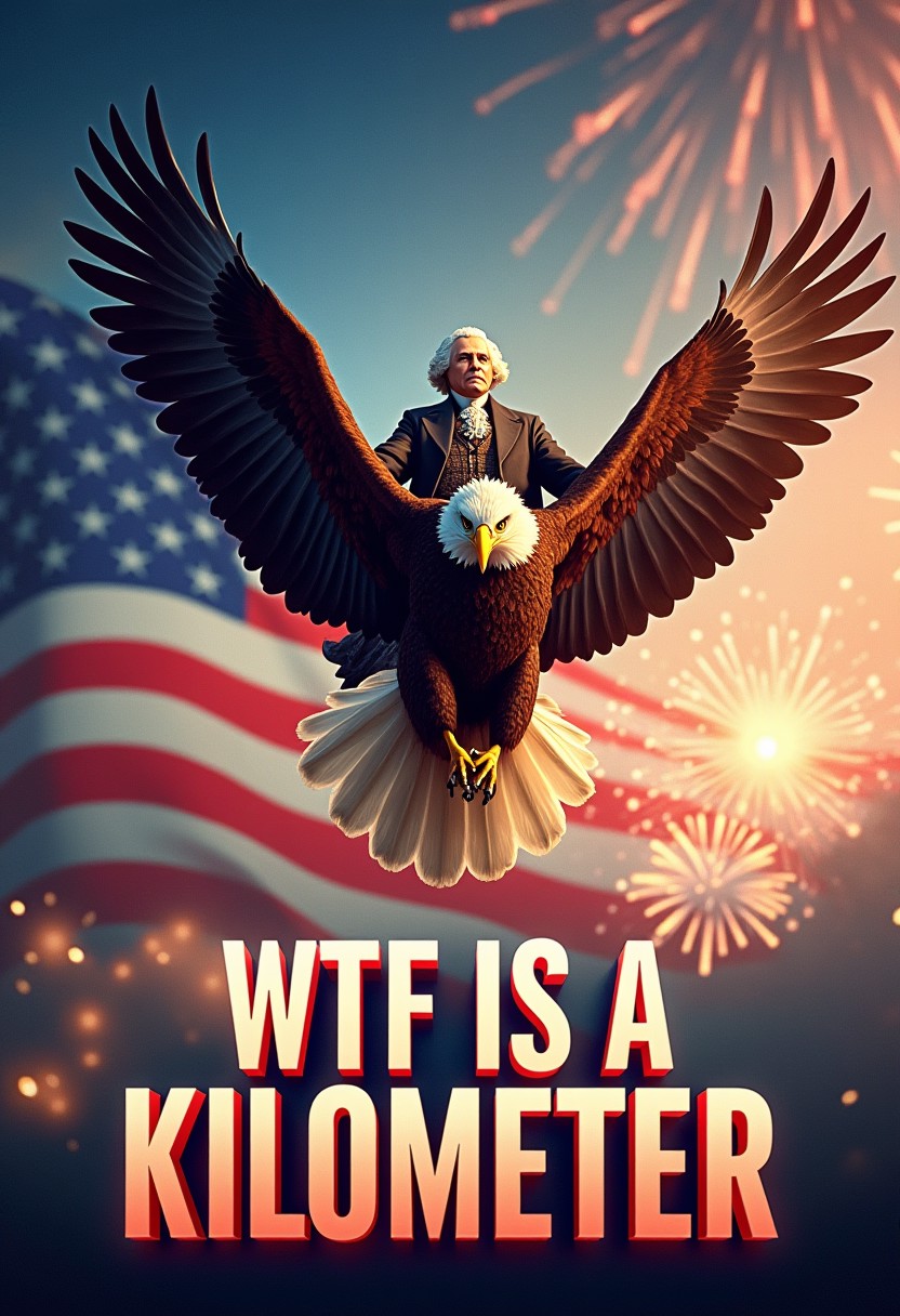 A poster featuring George Washington atop a glorious bald eagle with its wings spread flying through the sky, background is the American flag and fireworks. Huge shiny Red white and blue, bold, gradient letters at the bottom spelling out "WTF IS A KILOMETER", 4k, masterpiece,