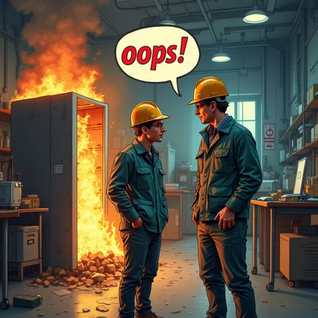 Two engineers in hardhats are sweating and burnt. They are standing next to a burning computer server in a messy unkempt laboratory. The text "oops" appears in a speech bubble