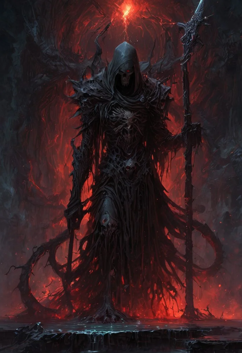 Dark Fantasy page, a reaper who seems to meld with the shadows, cloaked in armor made of bone and darkness, levitates over a pool of crystalline water with red hue. the figure exudes an air of mystery and forbearance, wielding a massive scythe with a dark, crimson aura. the image, whether painted or digitally rendered, captures the anomaly and maleficence of the character with vivid detail, high contrast, deep shadows <lora:EpicF4nta5yXL:0.8>