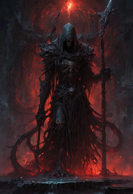 Dark Fantasy page, a reaper who seems to meld with the shadows, cloaked in armor made of bone and darkness, levitates over a pool of crystalline water with red hue. the figure exudes an air of mystery and forbearance, wielding a massive scythe with a dark, crimson aura. the image, whether painted or digitally rendered, captures the anomaly and maleficence of the character with vivid detail, high contrast, deep shadows <lora:EpicF4nta5yXL:0.8>