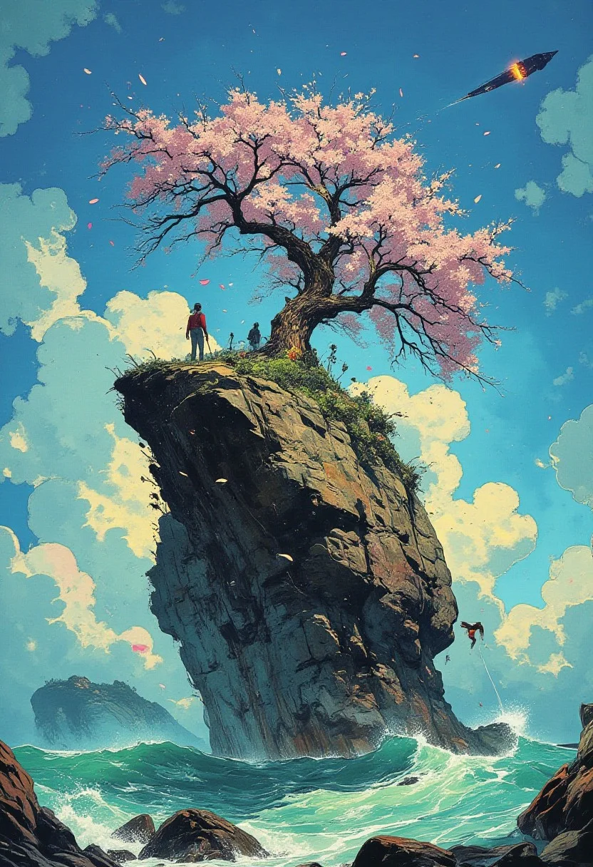 A lone, weathered rock rises from the depths of a serene, cerulean ocean, its rugged surface a canvas for a majestic, feminine sakura tree, its delicate branches stretching towards the heavens like a ballet dancer's arms, as if in a dramatic, ethereal pose. Soft, pink sakura petals dance upwards, carried by an unseen breeze, their delicate forms dissolving into the sky like whispers of a secret. Below, the waves caress the rock, their gentle lapping a soothing melody that belies the sense of foreboding that hangs in the air. A dark, blazing comet streaks across the horizon, its fiery trail a harbinger of mystery and wonder. The sky above is a brilliant blue, with puffy white clouds scattered like cotton candy, and the ocean's surface is a mirror to the heavens, reflecting the beauty above with perfect symmetry. This is a world of dreams, where the surreal and the fantastical blend seamlessly, where the boundaries between reality and fantasy blur, and where the beauty of nature is elevated to an art form. It is a place of wonder, of awe, and of mystery, where the viewer is drawn in, like a moth to a flame, and cannot look away.