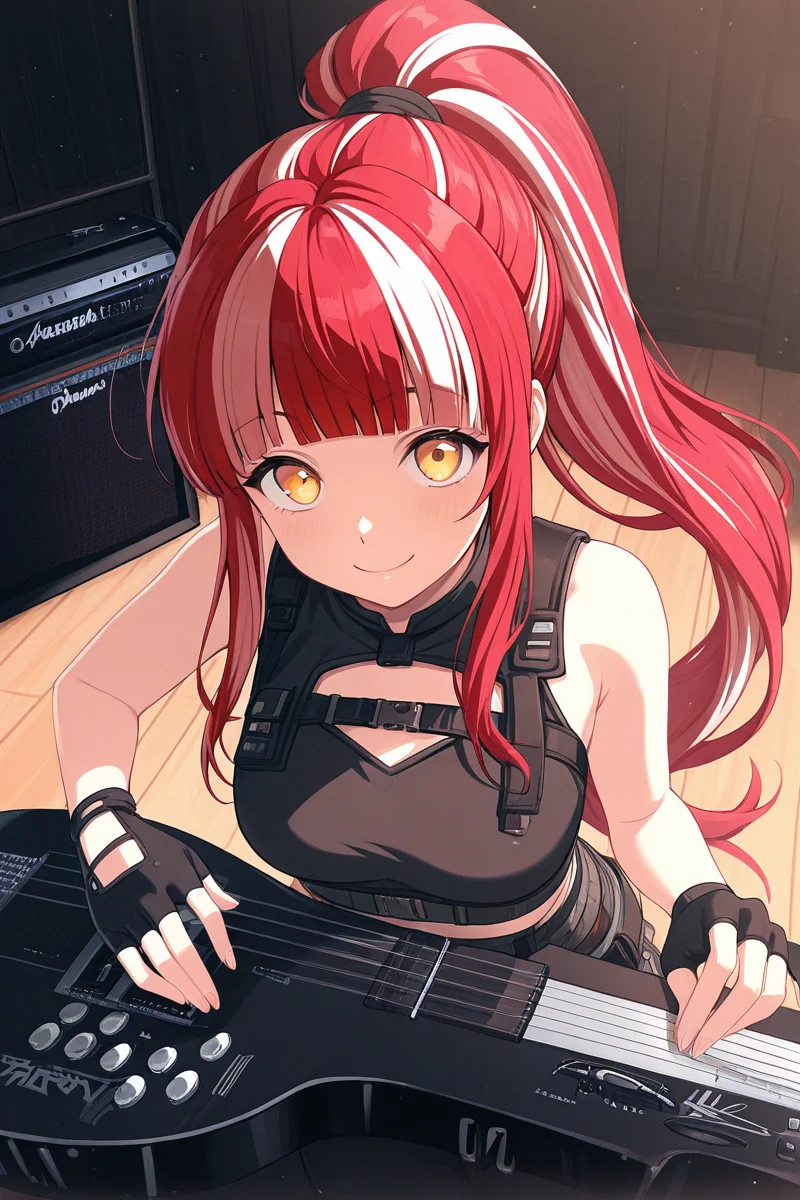 masterpiece, best quality, amazing quality,
<lora:PAREO_IL:1> pareo, 1girl, red hair, yellow eyes, solo, long hair, multicolored hair, ponytail, looking at viewer, bangs, gloves, instrument, smile, fingerless gloves