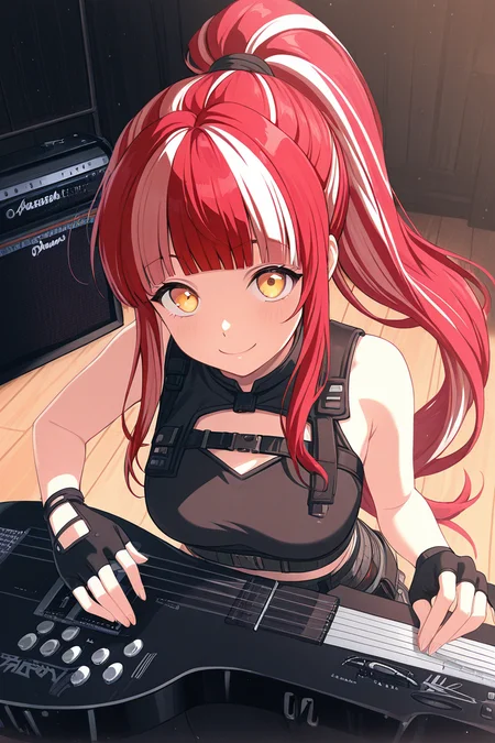 masterpiece, best quality, amazing quality,
 <lora:PAREO_IL:1> pareo, 1girl, red hair, yellow eyes, solo, long hair, multicolored hair, ponytail, looking at viewer, bangs, gloves, instrument, smile, fingerless gloves