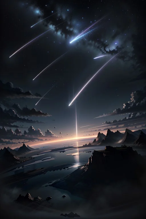 ((meteorite focus)),(The moment the meteorite falls),(extremely detailed CG unity 16k wallpaper, hyper detailed, delicate background, depth of field,ultra high res:1.3), (dark night:1.1),
(stars in the sky:1.2),
<lora:meteorshower:0.6> (dense meteor, dense colorful meteor shower,dense shooting stars falling down :1.2),comet,sea,wave,star The moment the meteorite falls,burning,explosion