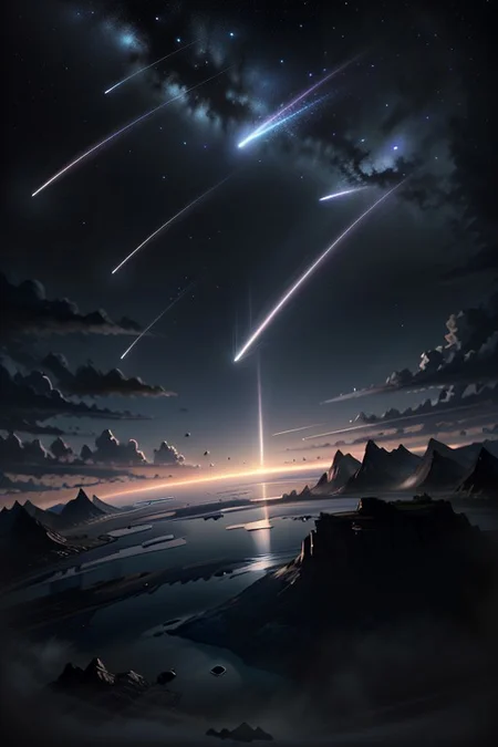 ((meteorite focus)),(The moment the meteorite falls),(extremely detailed CG unity 16k wallpaper, hyper detailed, delicate background, depth of field,ultra high res:1.3), (dark night:1.1),
(stars in the sky:1.2),
<lora:meteorshower:0.6> (dense meteor, dense colorful meteor shower,dense shooting stars falling down :1.2),comet,sea,wave,star The moment the meteorite falls,burning,explosion