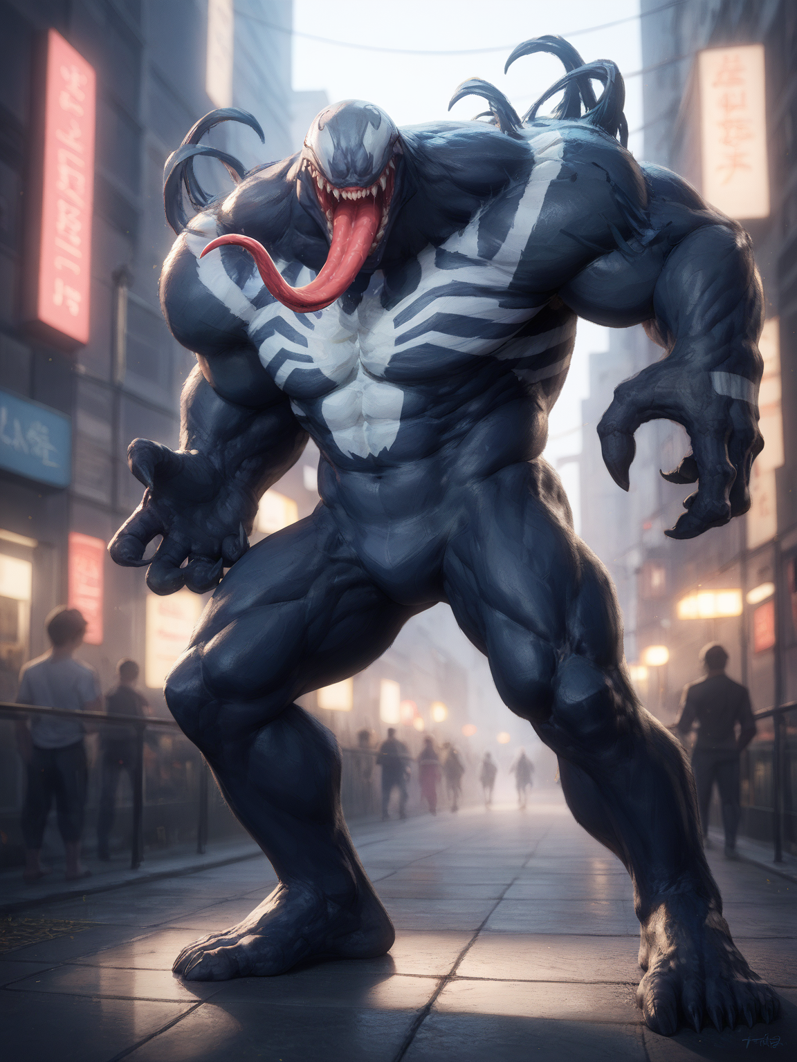 core_9_up,score_8_up,score_7_up,
detailed,epic,depth of field,perfect lighting,light particles,<lora:add-detail-xl:3>,<lora:VenomXL-000014:0.8>,venom \\(marvel\\),solo,1boy,monster,monster boy,another,(tall:1.2),plump,glamor,city,full body,tongue,fangs,panorama,looking_at_viewer,close-up,