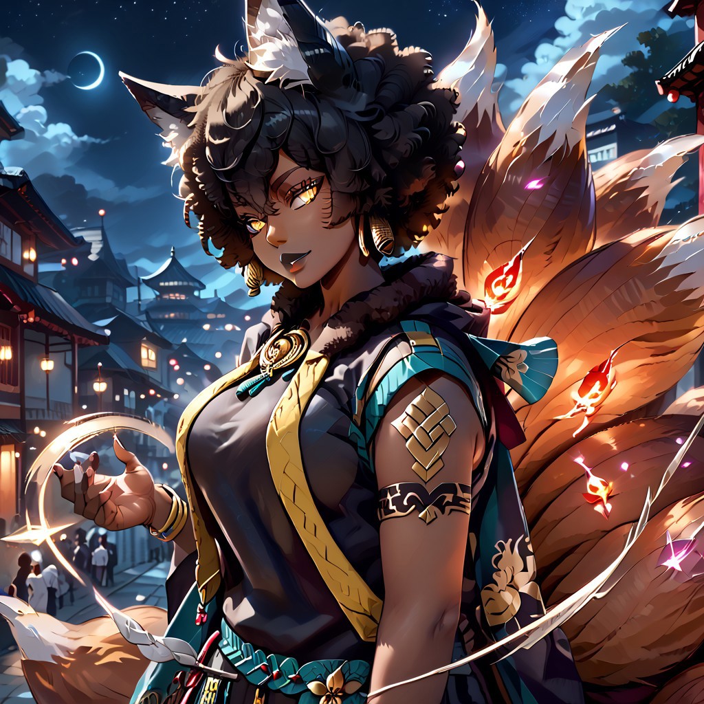 (score_9), score_8_up, score_7_up, 
anime
1girl, full body,
(dark brown skin, beautiful, black hair, curly hair (large round afro: 1.4), (((Kitsune)), Fox ears, ((fox tail)), large tail, (nine tails), (multiple tails), saddle brown tails:1.2, black fur tips: 1.6), (yellow eyes, slit pupils: 1.4), (glowing eyes: 0.8), eyesHD, high definition eyes, teeth with fangs, black claws, 
tattoo, hood, jewelry, bracelet, sleeveless, hoodie, 
(gigantic breasts, round breasts, huge ass, sexy, thick thighs), top heavy, black lipstick, silver jewelry, evil grin, sexy, (black hole in hand), holding black hole, handfixer, 
blue flames
Alleyway, night, event horizon, gravitational lensing