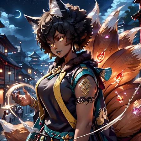 (score_9), score_8_up, score_7_up,
anime
1girl, full body,
(dark brown skin, beautiful, black hair, curly hair (large round afro: 1.4), (((Kitsune)), Fox ears, ((fox tail)), large tail, (nine tails), (multiple tails), saddle brown tails:1.2, black fur tips: 1.6), (yellow eyes, slit pupils: 1.4), (glowing eyes: 0.8), eyesHD, high definition eyes, teeth with fangs, black claws,
tattoo, hood, jewelry, bracelet, sleeveless, hoodie,
(gigantic breasts, round breasts, huge ass, sexy, thick thighs), top heavy, black lipstick, silver jewelry, evil grin, sexy, (black hole in hand), holding black hole, handfixer,
blue flames
Alleyway, night, event horizon, gravitational lensing