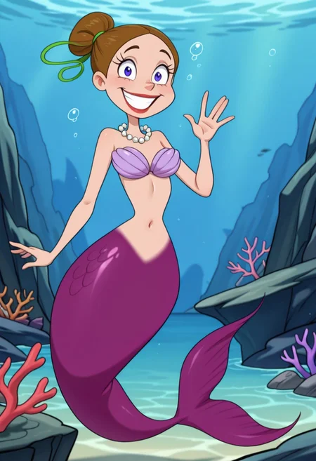 detailed background, solo, 1girl, FtpdMermaid, mermaid, red lipstick, brown hair in a bun, green hair tie, pearl necklace, purple shell bra, purple mermaid tail, smiling, (((expressive))), waving to viewer, head movement, tail shown, solo, ((body movement, hand movement)), underwater, sea life, coral, detailed sea scenery, bubbles, detailed scenery, masterpiece, best quality, amazing quality, absurdres, newest, high res, ultra detailed, best quality, best artwork, detailed eyes, (eyes focus), perfect eyes, big iris, pupils visible, 4k, ultra quality, perfect face