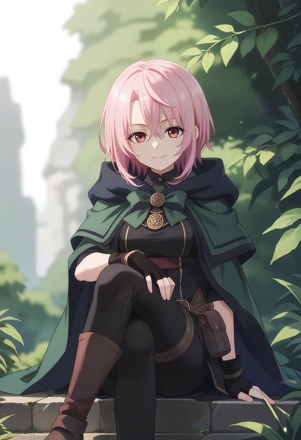 score_9_up,score_8_up,score_7_up,<lora:TL_XTL_v1.0_PONY-000034:1>,
TL_XTL,1girl,solo,smile,fingerless gloves,pink hair,looking at viewer,gloves,short hair,bow,black gloves,closed mouth,red eyes,green cloak,simple_background,white_background,cowboy_shot,black pants,full body,sitting,crossed_legs